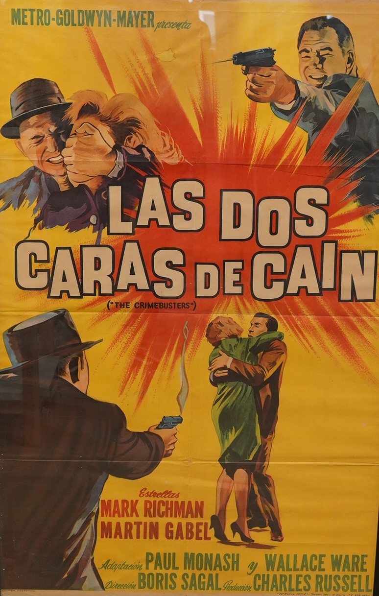 An Argentinian framed 1960s film poster for Las Dos Caras de Cain (The Crimebusters), 1962. Condition - fair to good